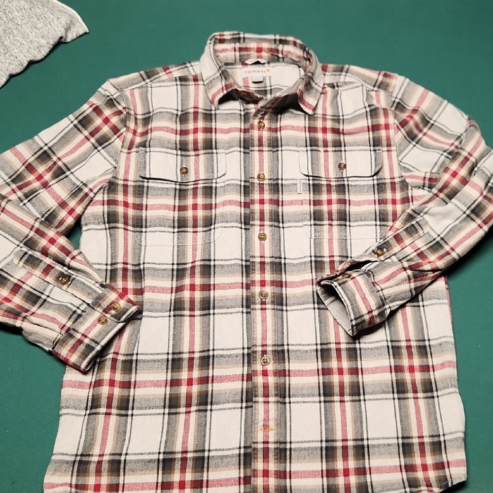 Carhartt Men's Original Fit Flannel Button-up Medium Gray, Red, And Black